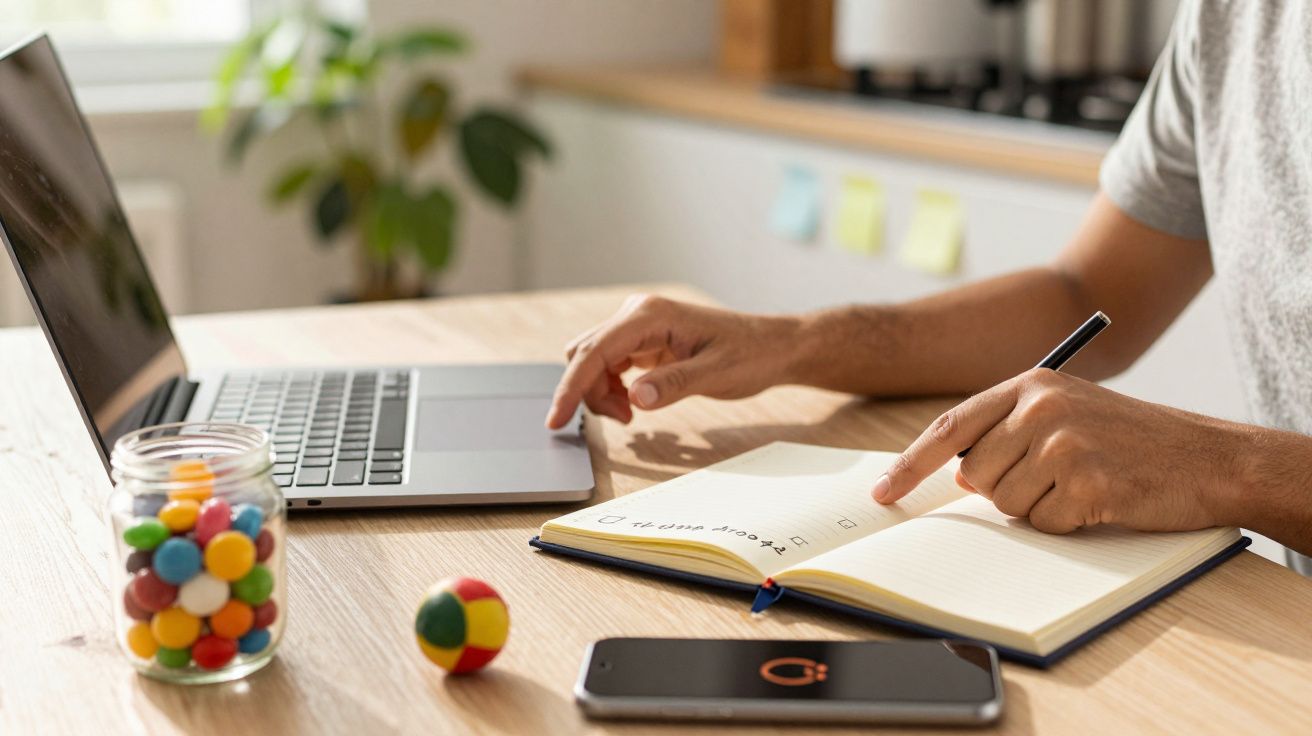 Pessoa a tomar notas num caderno ao lado de um portátil, com frasco de rebuçados e telemóvel na mesa.