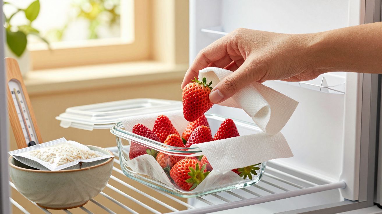 Mão segurando morango em recipiente de vidro no frigorífico, ao lado de uma taça com arroz.