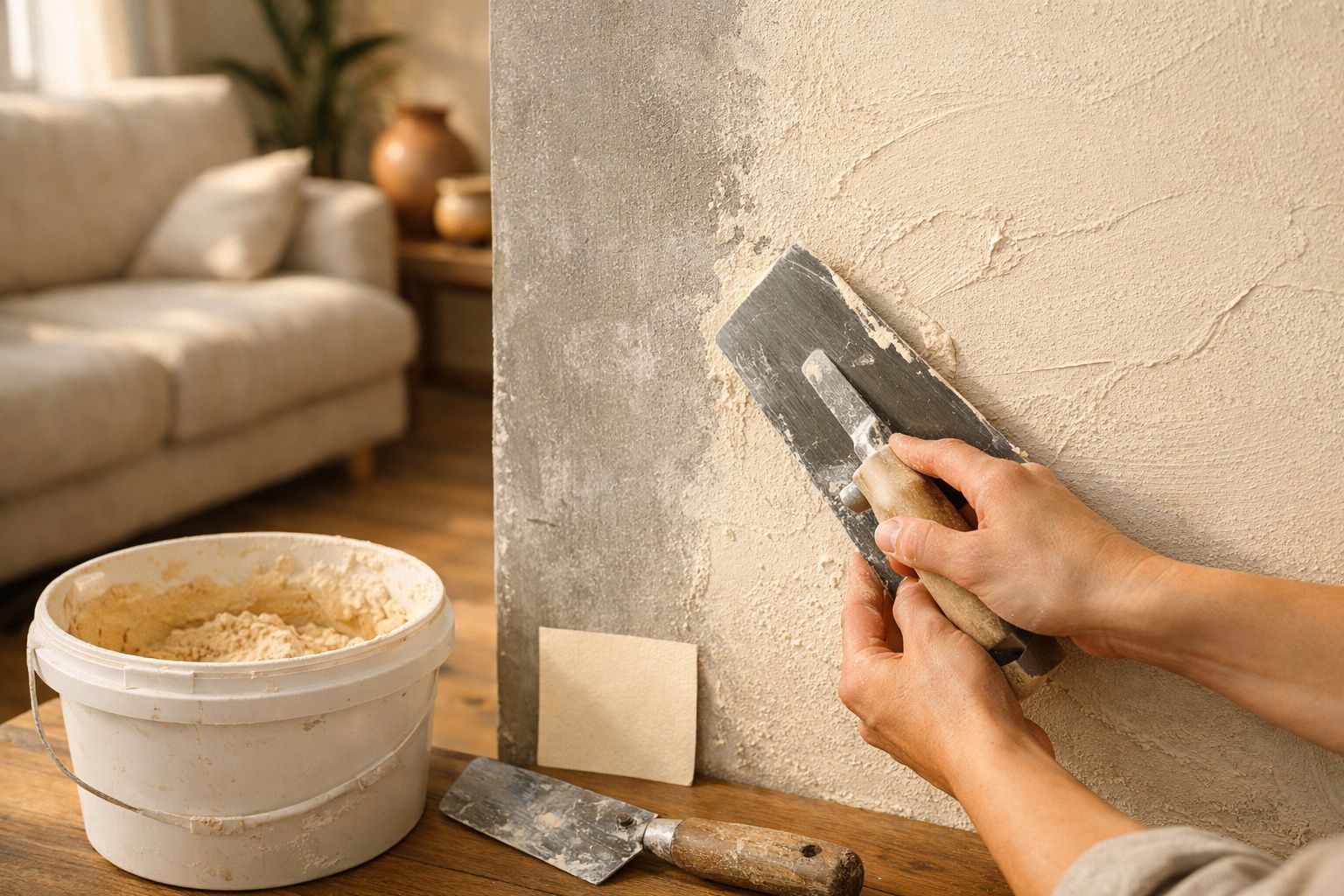Pessoa a aplicar massa numa parede em casa, usando uma espátula e uma esponja. Planta e frascos no móvel ao fundo.