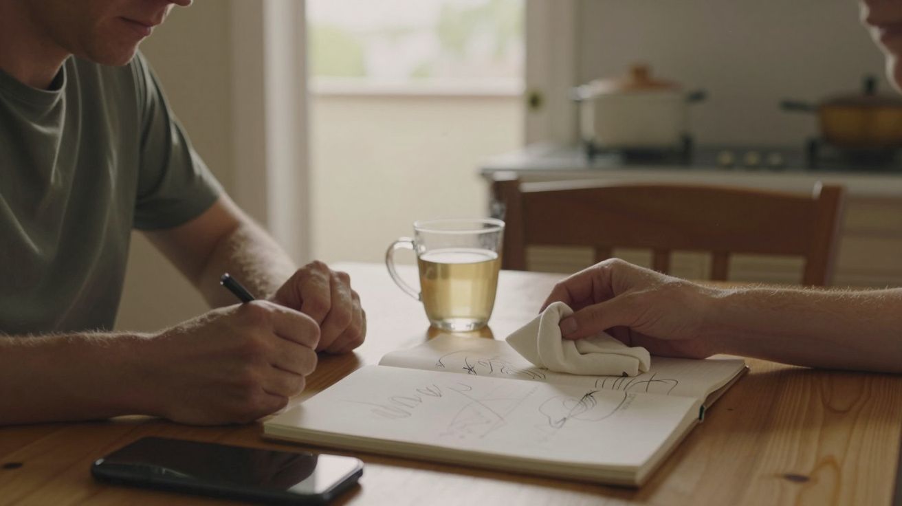 Duas pessoas desenham num caderno em cima da mesa com chá e telemóvel ao lado, numa cozinha.
