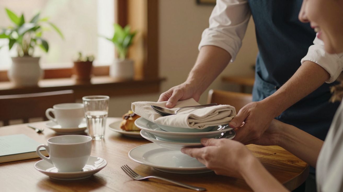 Pessoa a colocar pratos e guardanapos numa mesa posta, num ambiente acolhedor com plantas ao fundo.