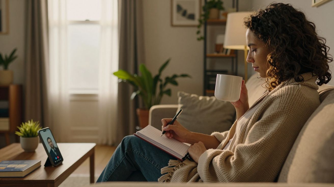 Mulher sentada no sofá, com um cobertor, segura chávena e escreve num caderno; telemóvel em videochamada.