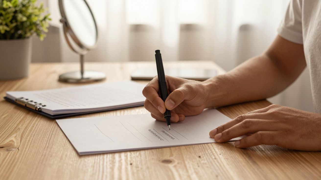 Pessoa a assinar documento em mesa de madeira, com uma planta e caderno ao fundo.