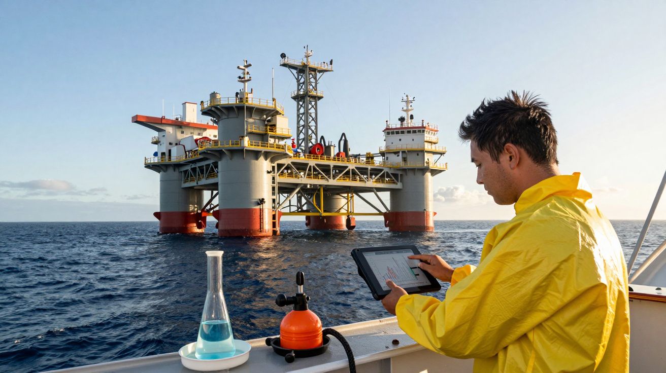 Homem de casaco amarelo usa tablet em barco próximo a plataforma petrolífera no mar, ao pôr do sol.