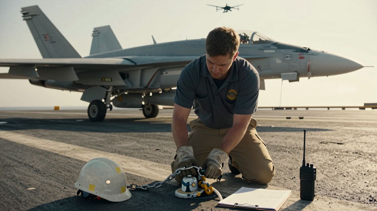 Homem agacha-se no convés de um porta-aviões ao lado de F/A-18, com capacete, rádio e prancheta no chão.