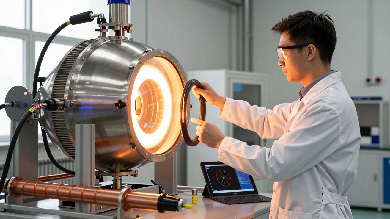 Cientista com óculos de proteção ajusta equipamento científico iluminado, com portátil ao lado, em laboratório.