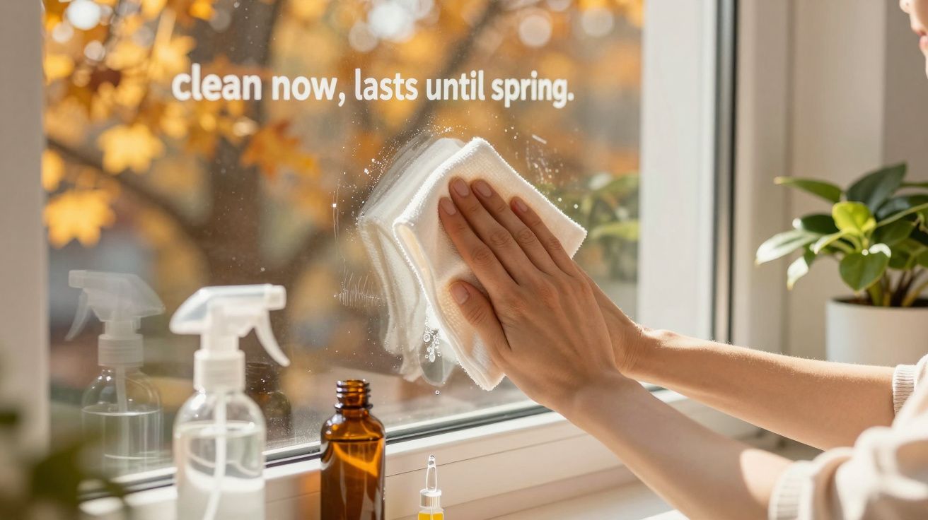 Mãos limpando janela com pano, frascos de produtos de limpeza ao lado, folhas de outono ao fundo. Texto: "limpe agora, dura a