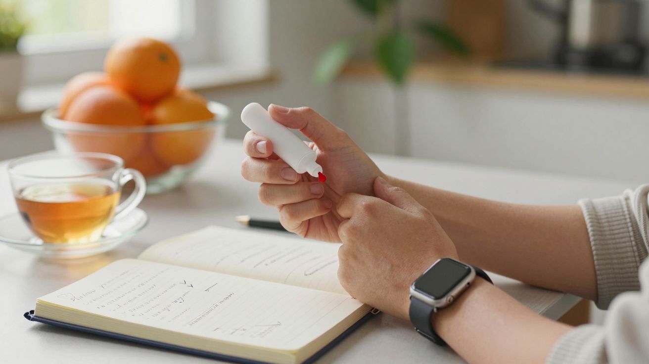 Pessoa aplica algo na mão junto a caderno aberto, chá e tigela com laranjas.