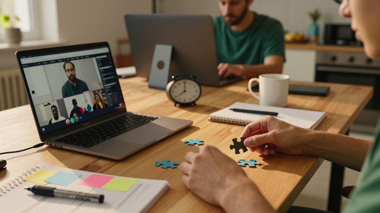 Homem em videochamada no portátil enquanto monta um puzzle em casa, com bloco de notas e caneca na mesa.