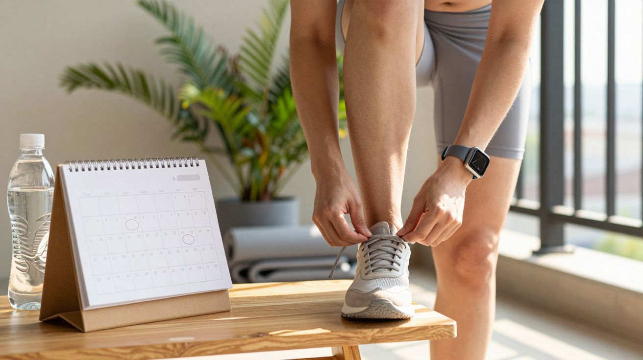 Pessoa a amarrar os atacadores dos ténis numa varanda com garrafa de água e calendário sobre a mesa.