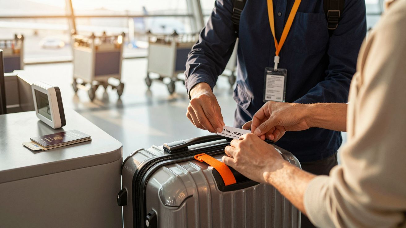 Pessoa a colocar etiqueta numa mala de viagem prateada no aeroporto, à luz do sol ao fundo.