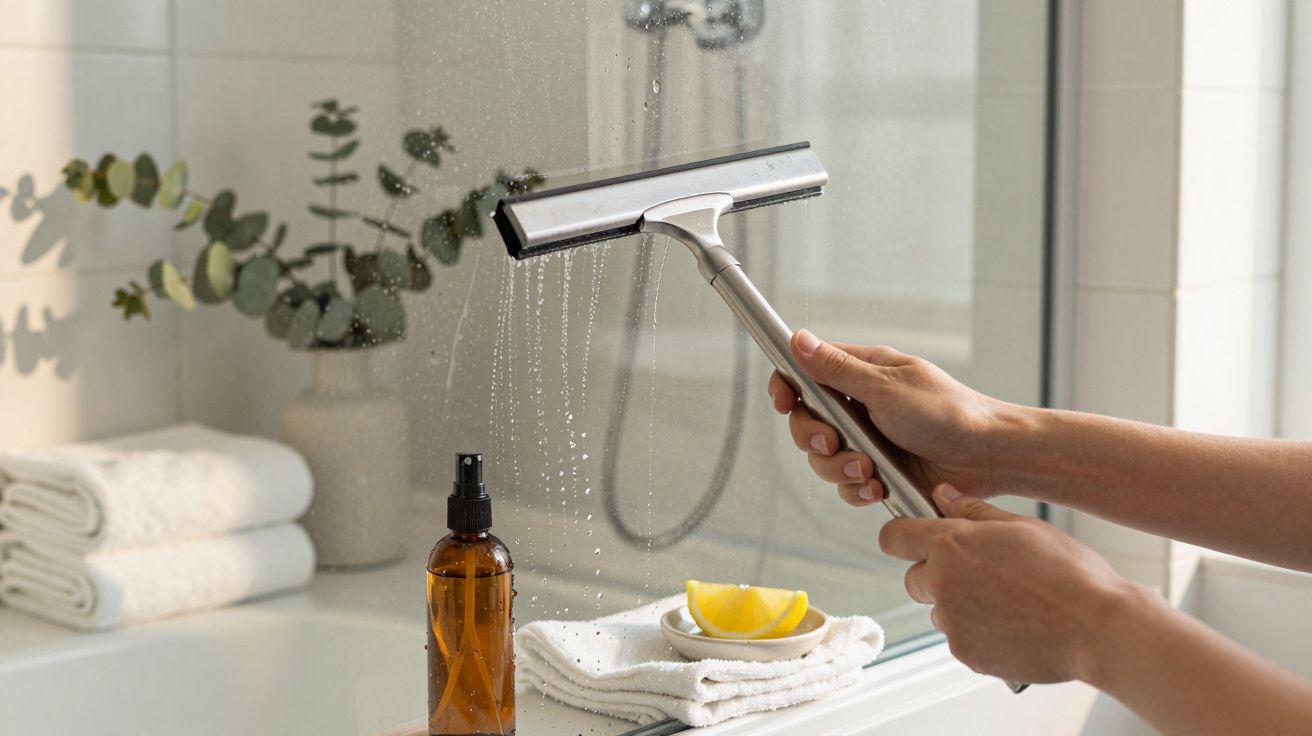 Pessoa a limpar um vidro de chuveiro com rodo, com toalhas, garrafa âmbar e limões ao fundo.