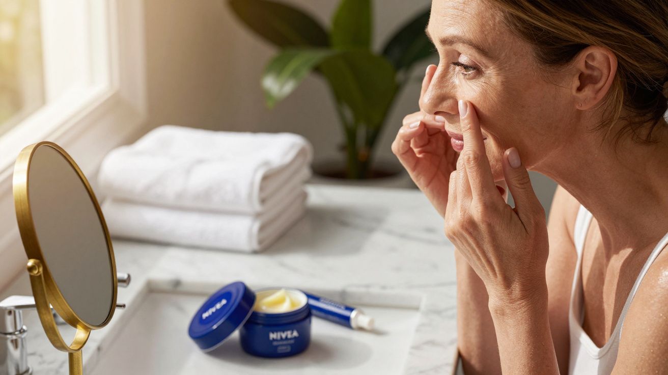 Mulher aplicando creme facial Nivea, sentada junto a um espelho e toalhas, numa bancada de casa de banho iluminada.