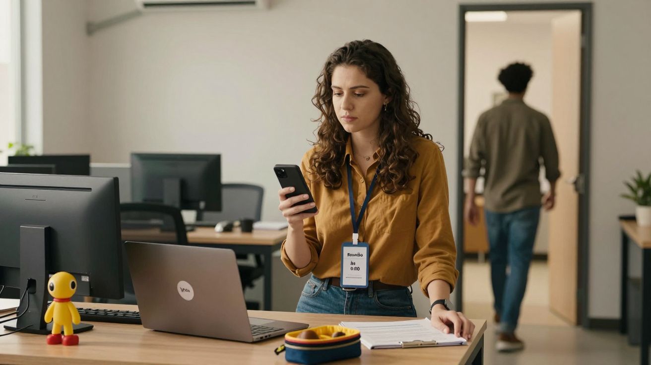 Mulher segurando telemóvel, de pé ao lado de uma secretária com portátil e papéis, enquanto um homem sai da sala.
