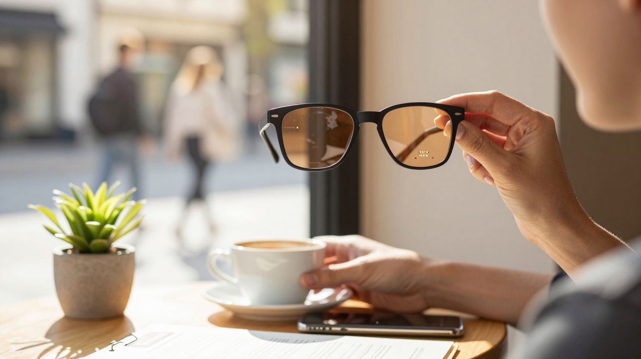 Pessoa segura óculos de sol com uma mão, enquanto toma café com a outra. Documento e telefone na mesa junto a uma planta.