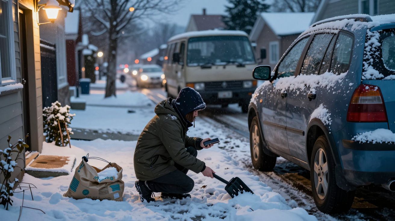 Pessoa ajoelhada a tirar neve da calçada com uma pá, ao lado de um carro coberto de neve, numa rua residencial à noite.
