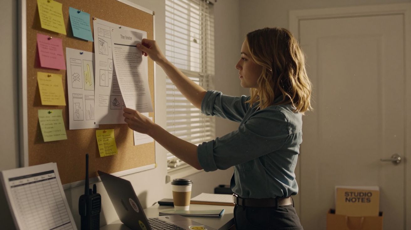Mulher ajusta papéis num quadro de cortiça com notas coloridas, laptop e café na mesa, luz suave entra pela janela.