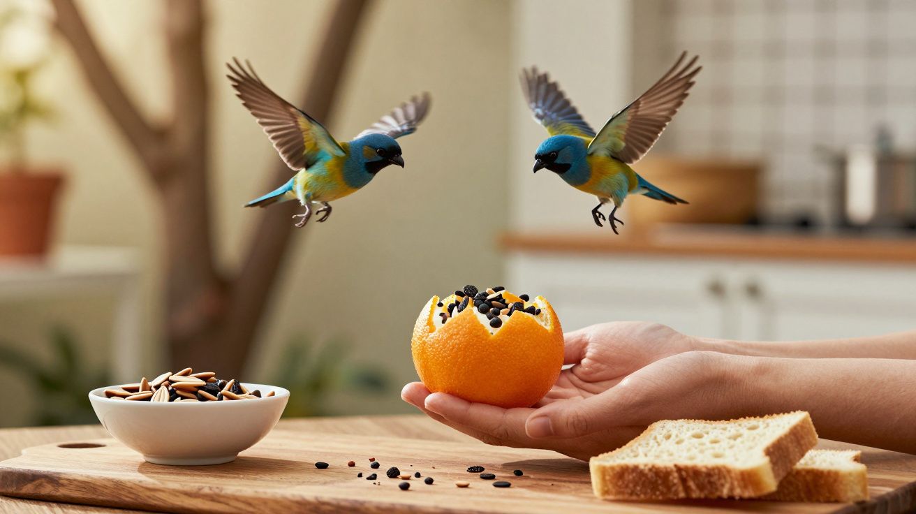 Duas aves voam sobre uma laranja com sementes, segurada por mãos humanas numa cozinha.