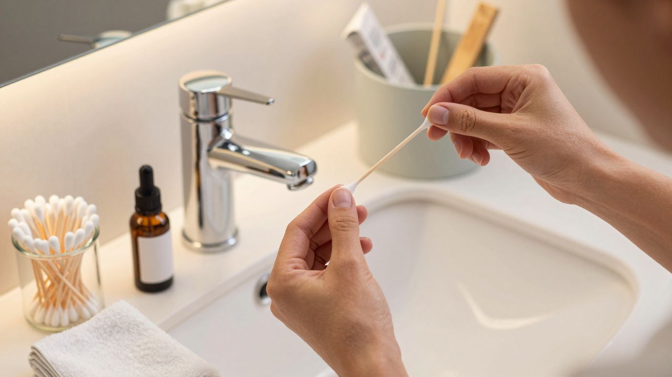 Mãos segurando um cotonete sobre um lavatório de casa de banho, com produtos de higiene ao fundo.
