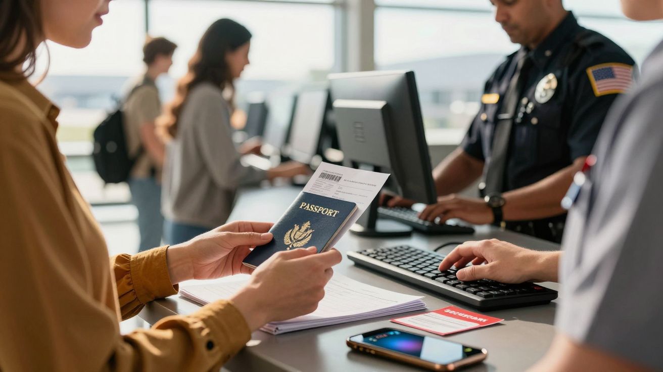 Pessoa mostra passaporte a um agente de fronteira ao balcão de controlo no aeroporto. Outros passageiros ao fundo.