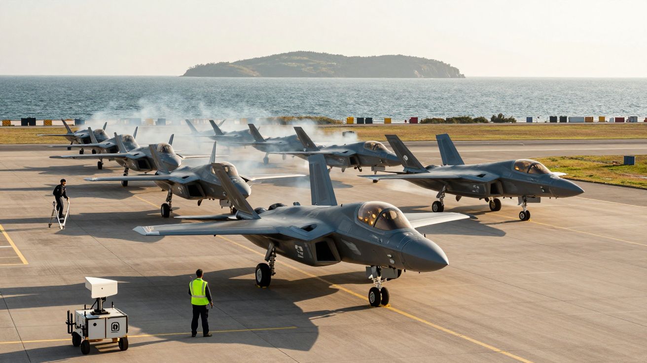 Aviões de combate alinhados em pista de aeroporto, com mar e colinas ao fundo, céu claro.