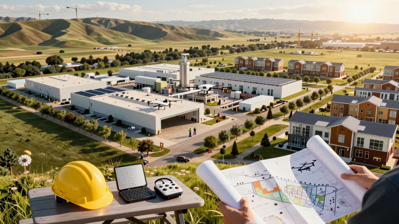Pessoa segura planta de construção observando fábrica e edifícios num cenário campestre com colinas.