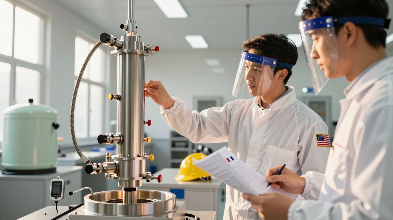 Cientistas em laboratório analisam equipamento industrial, usando batas brancas e viseiras de proteção.