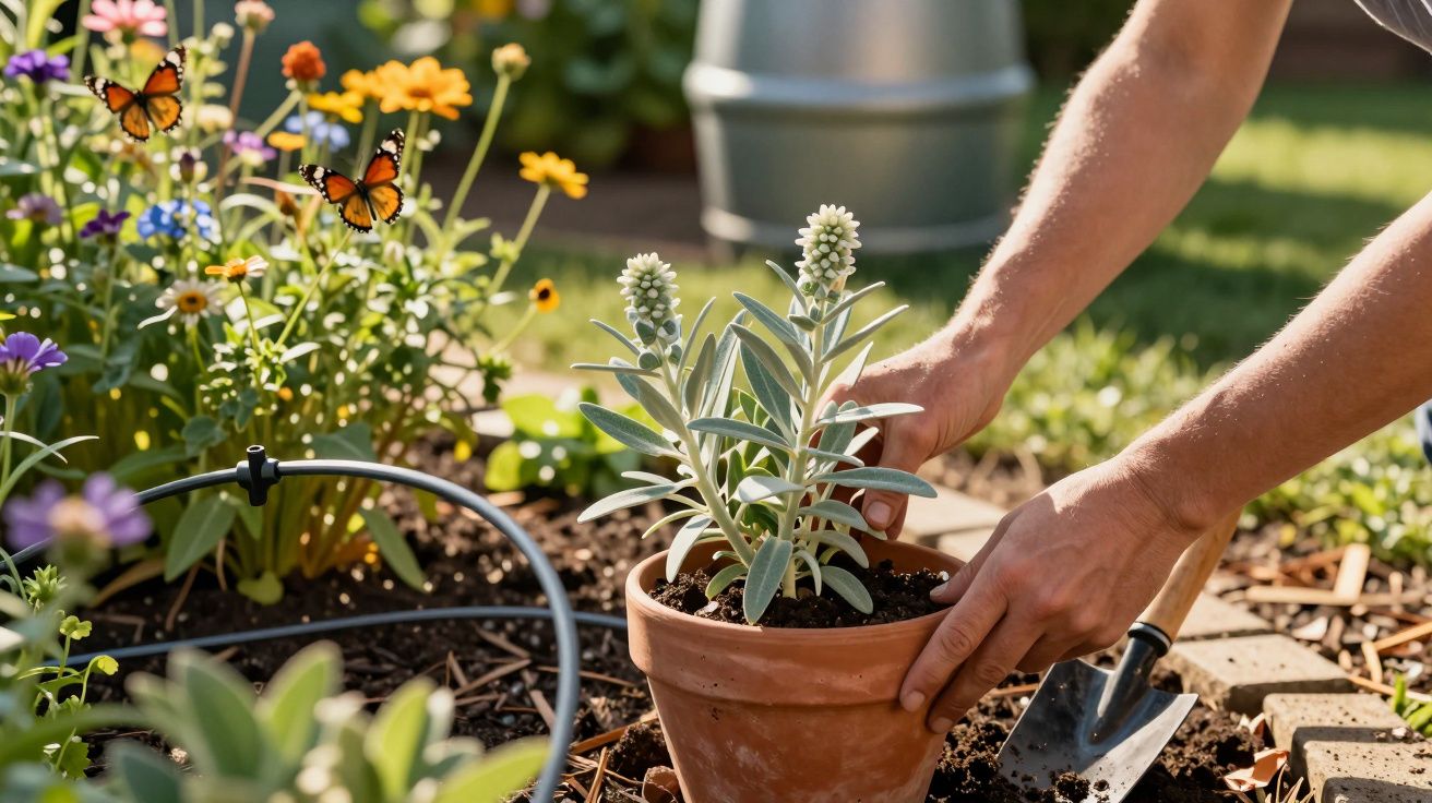Pessoa a plantar uma flor em vaso no jardim, com borboletas e flores coloridas ao fundo.
