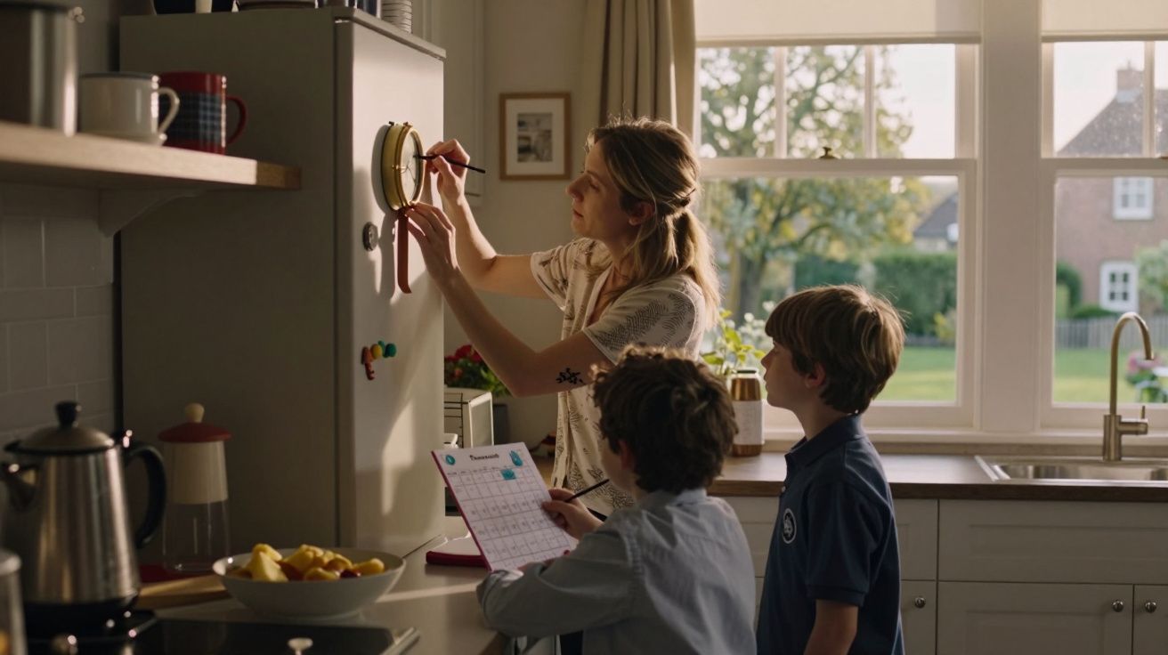 Mulher e crianças na cozinha, uma delas segura quadro de tarefas enquanto a mulher escreve no frigorífico, janela ao fundo.