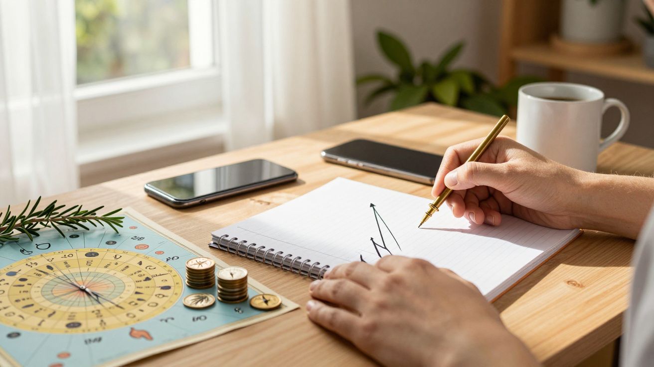 Pessoa desenha um gráfico num bloco de notas numa secretária com moedas, telemóveis e chávena de café.