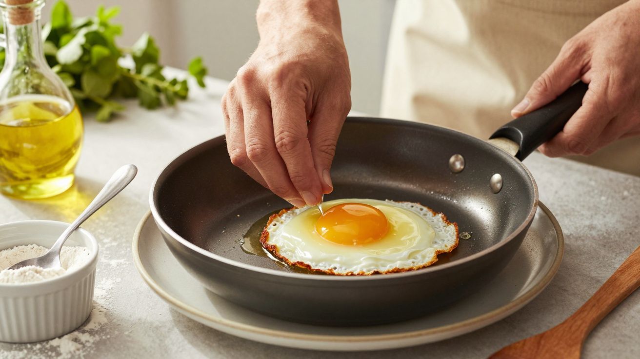 Mão a fazer um ovo estrelado numa frigideira preta, com azeite ao lado e ervas frescas ao fundo.