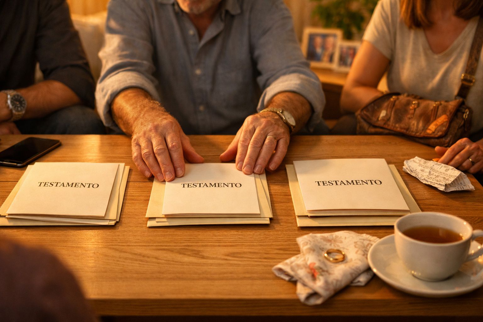 Três pessoas sentadas à mesa com envelopes, testamento, livro e foto de família sobre a superfície de madeira.