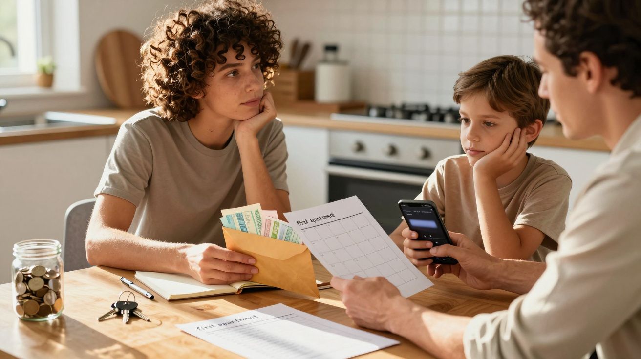 Família reunida na cozinha, discutindo orçamento com notas, moedas e smartphone sobre a mesa.