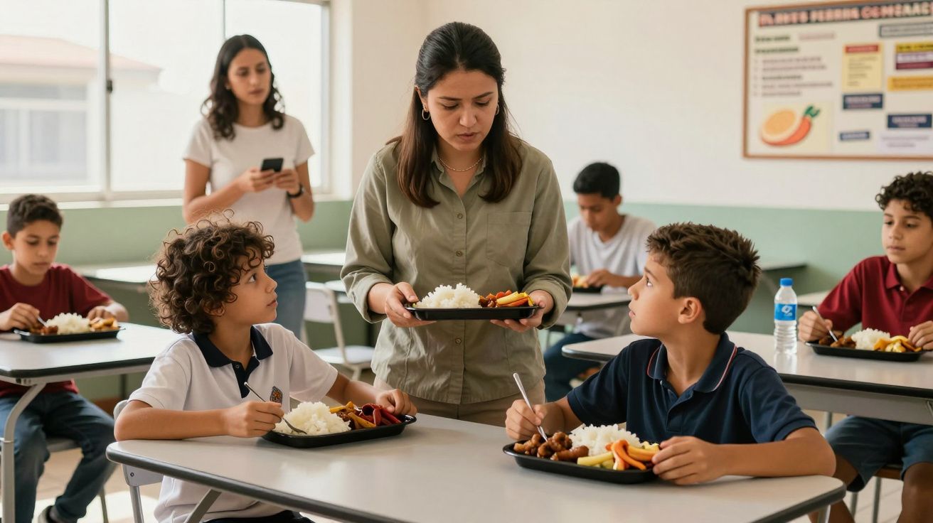 Mulher a servir refeições a alunos sentados em mesas numa cantina escolar. Crianças diversas a comer.