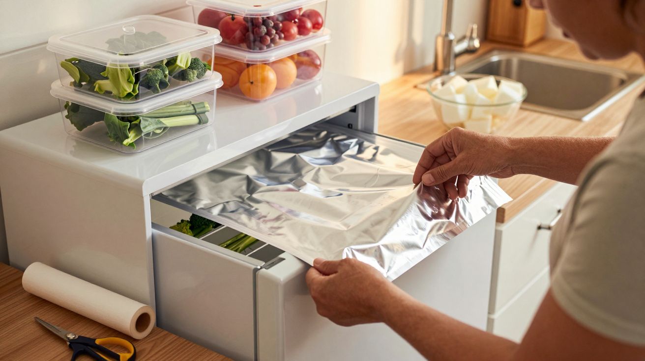 Pessoa a colocar alimentos numa gaveta forrada com folha de alumínio, ao lado de recipientes de fruta e legumes.