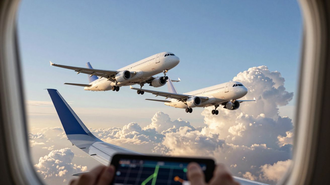 Aviões no céu nublado fotografados de uma janela de avião com um telemóvel à frente.