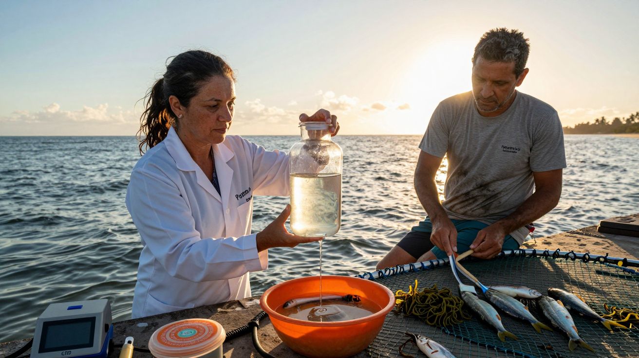 Investigadora analisa água do mar enquanto pescador recolhe peixes, com pôr do sol ao fundo.