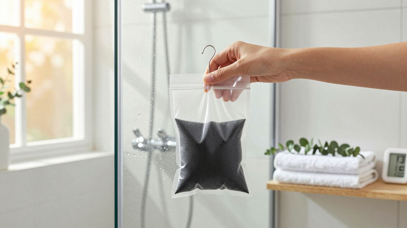 Mão segura saco transparente com carvão ativado num chuveiro, toalhas e plantas ao fundo.