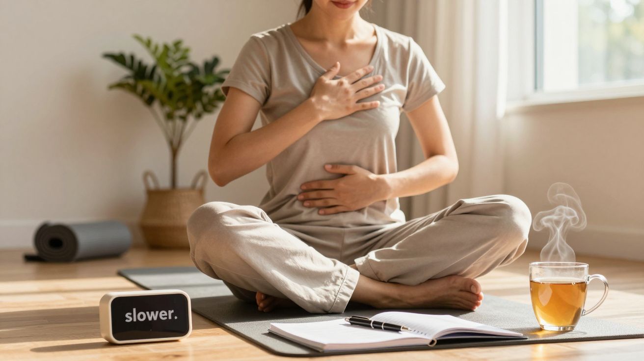 Mulher meditando em tapete de ioga com chá e bloco com a palavra "slower", planta ao fundo.