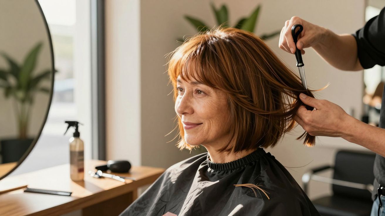 Mulher sorrindo num cabeleireiro, enquanto uma cabeleireira ajusta seu cabelo curto com uma escova e tesoura.