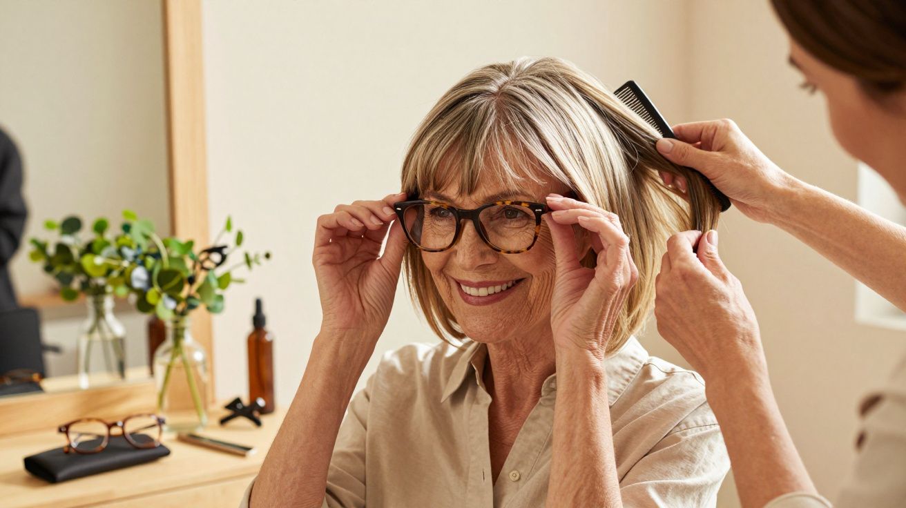 Mulher sorrindo ajusta os óculos, enquanto cabeleireiro penteia o cabelo num salão iluminado.