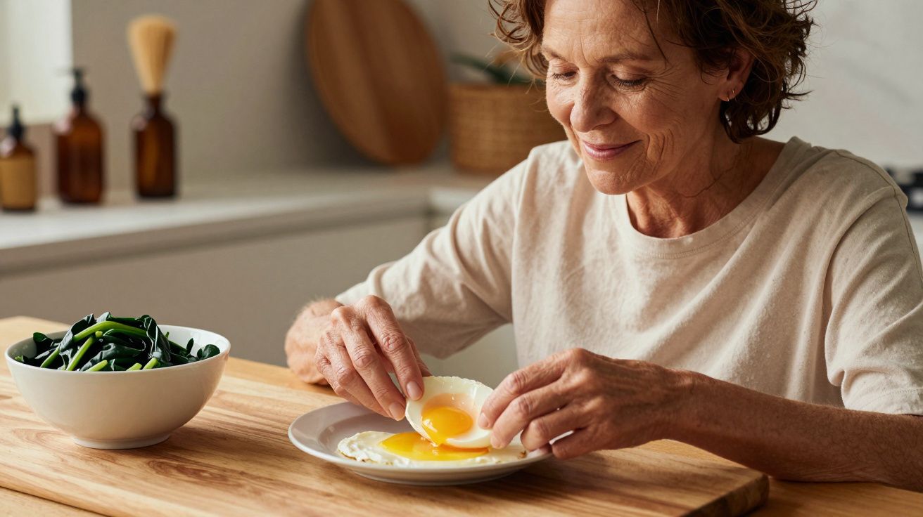 Mulher a descascar ovo cozido à mesa, ao lado de uma tigela com vegetais verdes.