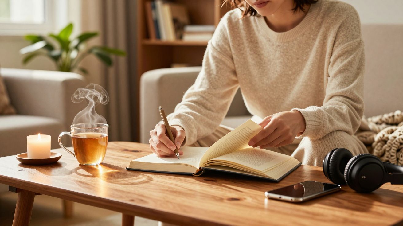 Mulher escreve em caderno numa mesa de madeira com chá, vela acesa, auscultadores e telemóvel.