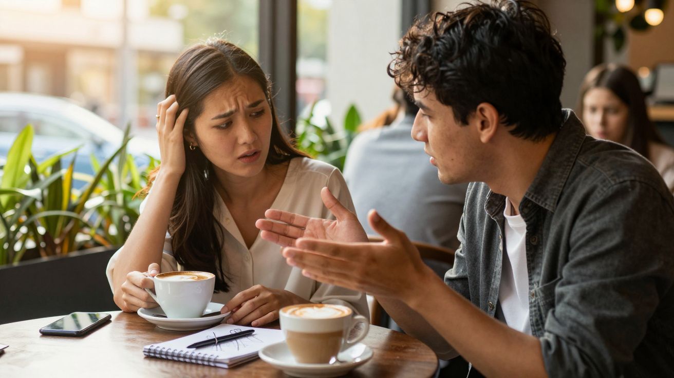 Duas pessoas conversam intensamente num café, cada uma com uma chávena de cappuccino à sua frente.