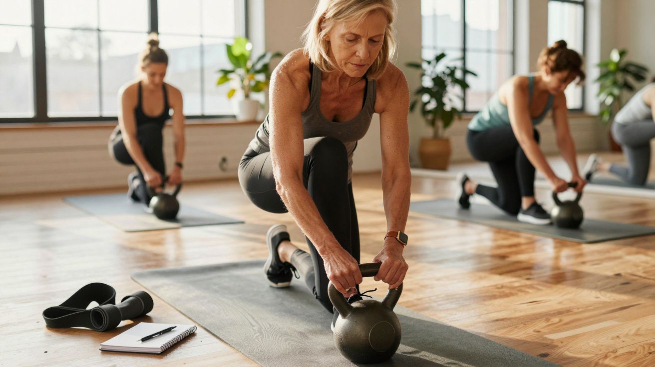 Mulheres a fazer exercício com kettlebell numa aula de fitness, em ambiente com luz natural e plantas ao fundo.