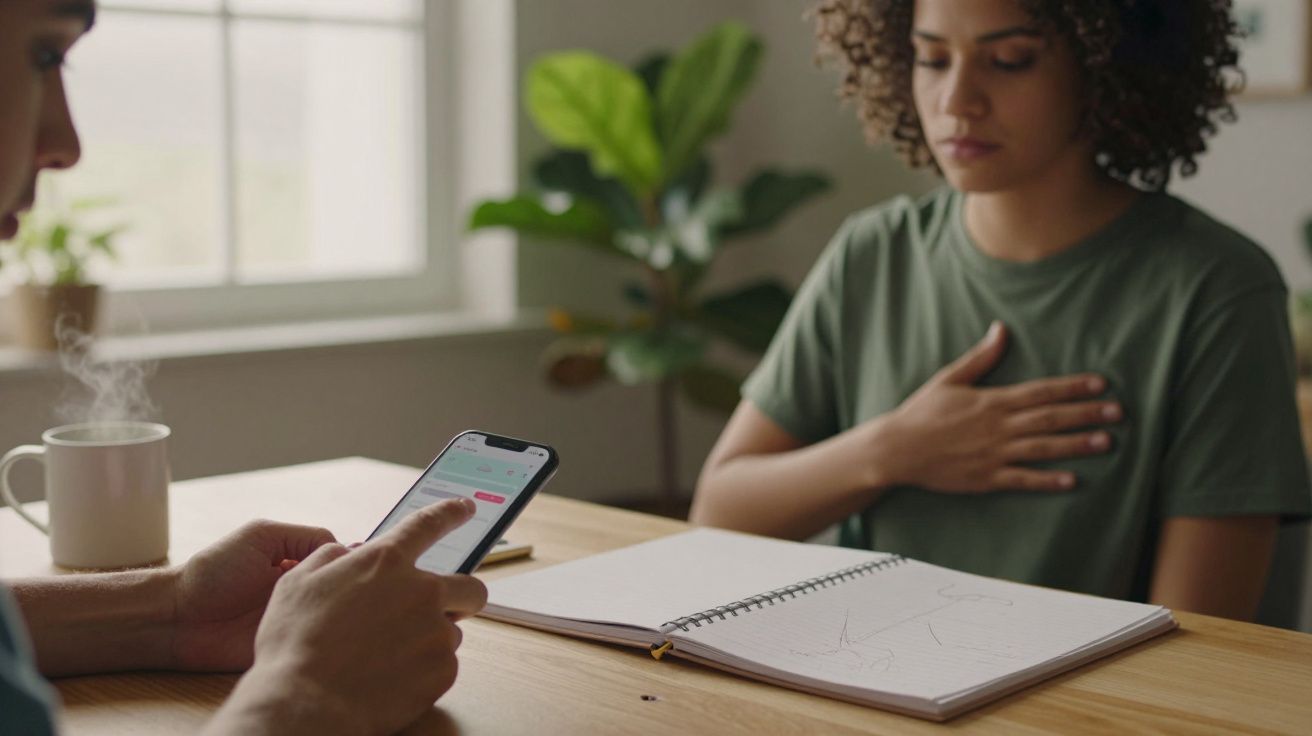 Pessoa a mexer no telemóvel, enquanto outra coloca a mão no peito e contempla caderno aberto. Planta ao fundo.