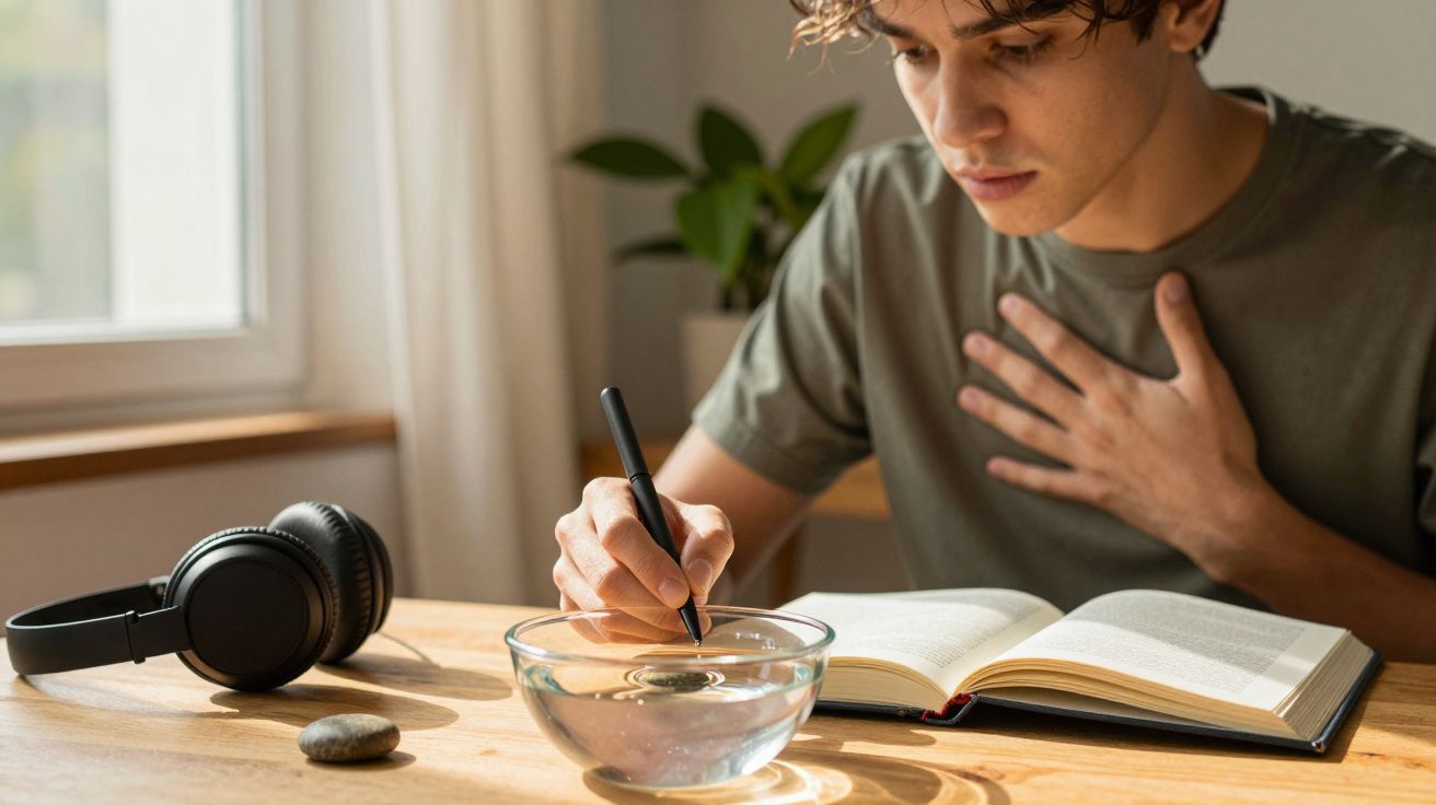 Jovem escreve em diário ao lado de uma tigela de água e auscultadores sobre a mesa, com planta ao fundo.