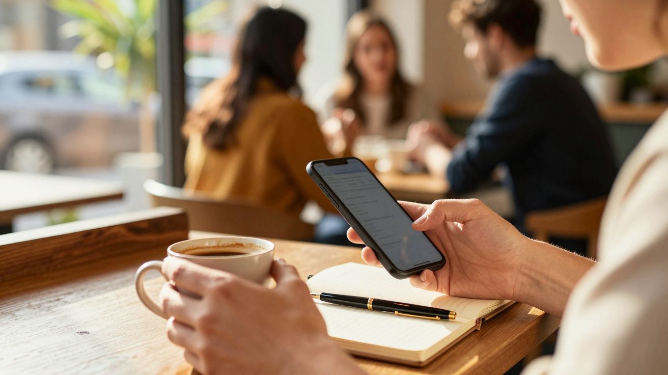 Pessoa num café a segurar um telemóvel, com um caderno e caneta na mesa e outras pessoas ao fundo.