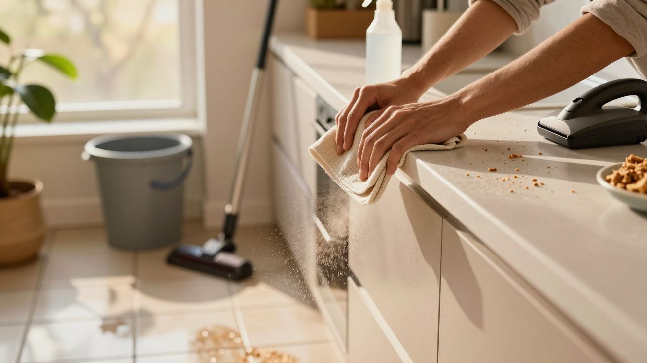 Pessoa a limpar bancada da cozinha com pano, balde e esfregona ao fundo.