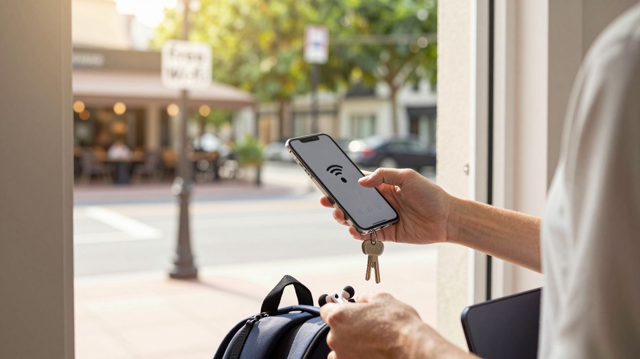 Pessoa segura smartphone mostrando ícone Wi-Fi numa rua movimentada, perto de uma janela.